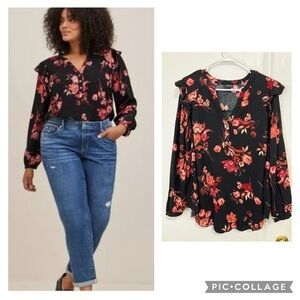 Torrid Black Challis Ruffle Trim Pullover Top Floral Print Flowy Blouse size 1